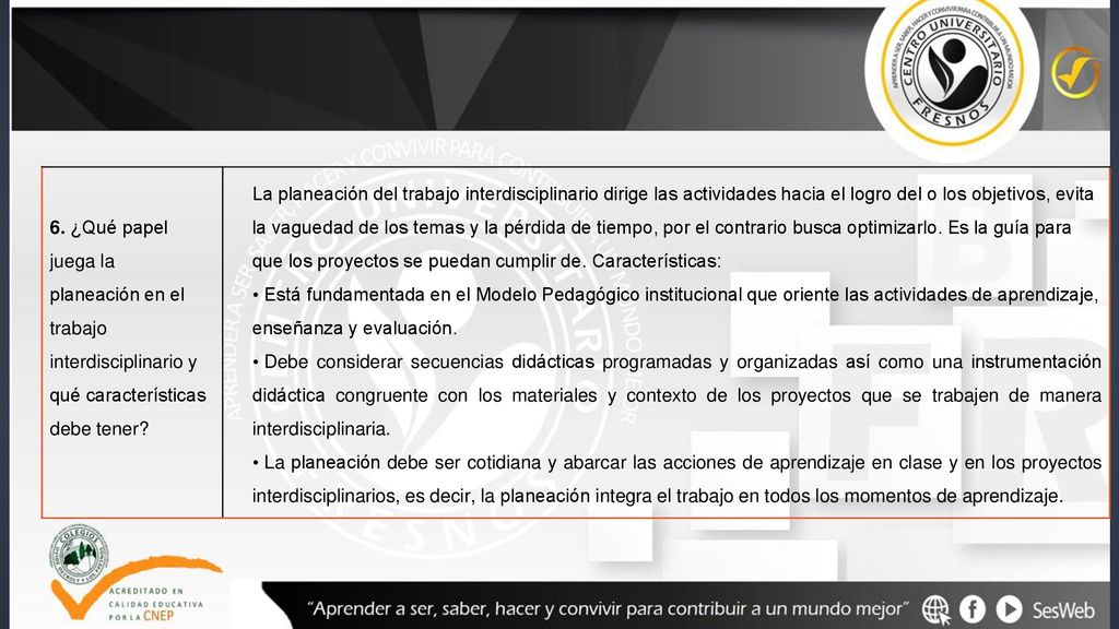 6. ¿Qué papel juega la planeación en el trabajo. interdisciplinario y qué características. debe tener