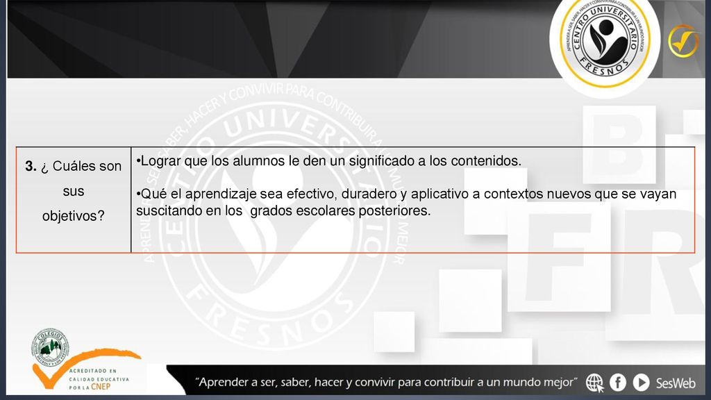 3. ¿ Cuáles son sus objetivos Lograr que los alumnos le den un significado a los contenidos.