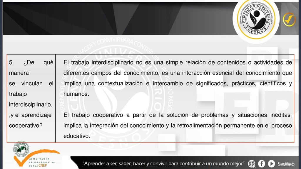 5. ¿De qué manera se vinculan el trabajo. interdisciplinario,,y el aprendizaje. cooperativo