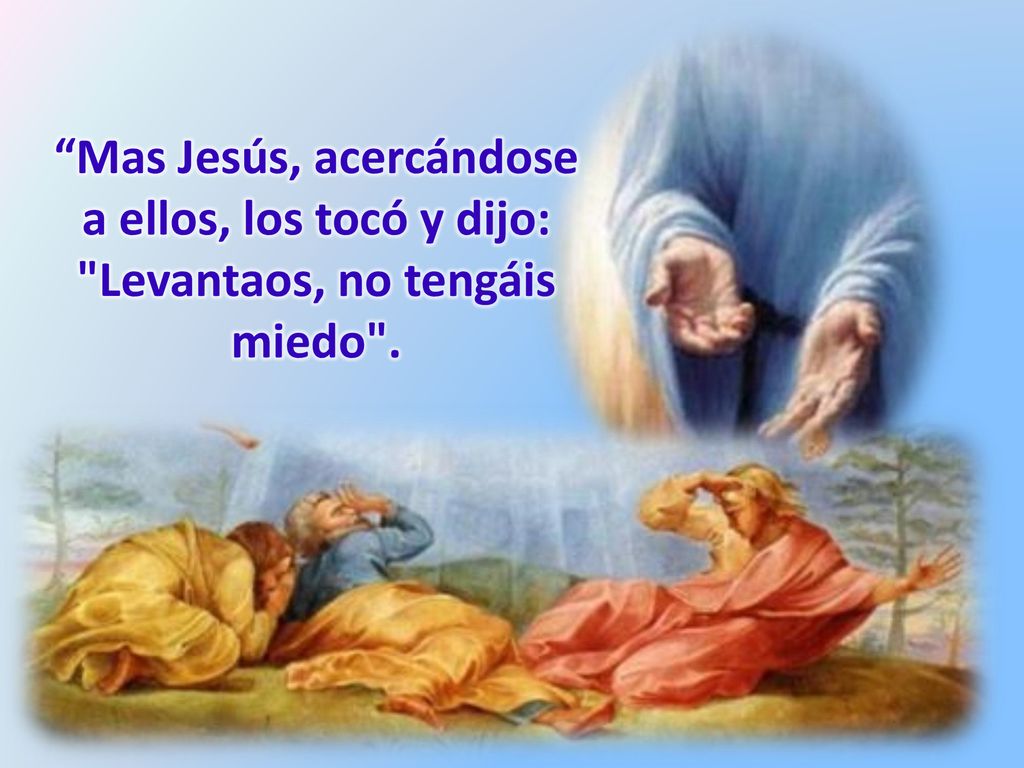Mas Jesús, acercándose a ellos, los tocó y dijo: Levantaos, no tengáis miedo .