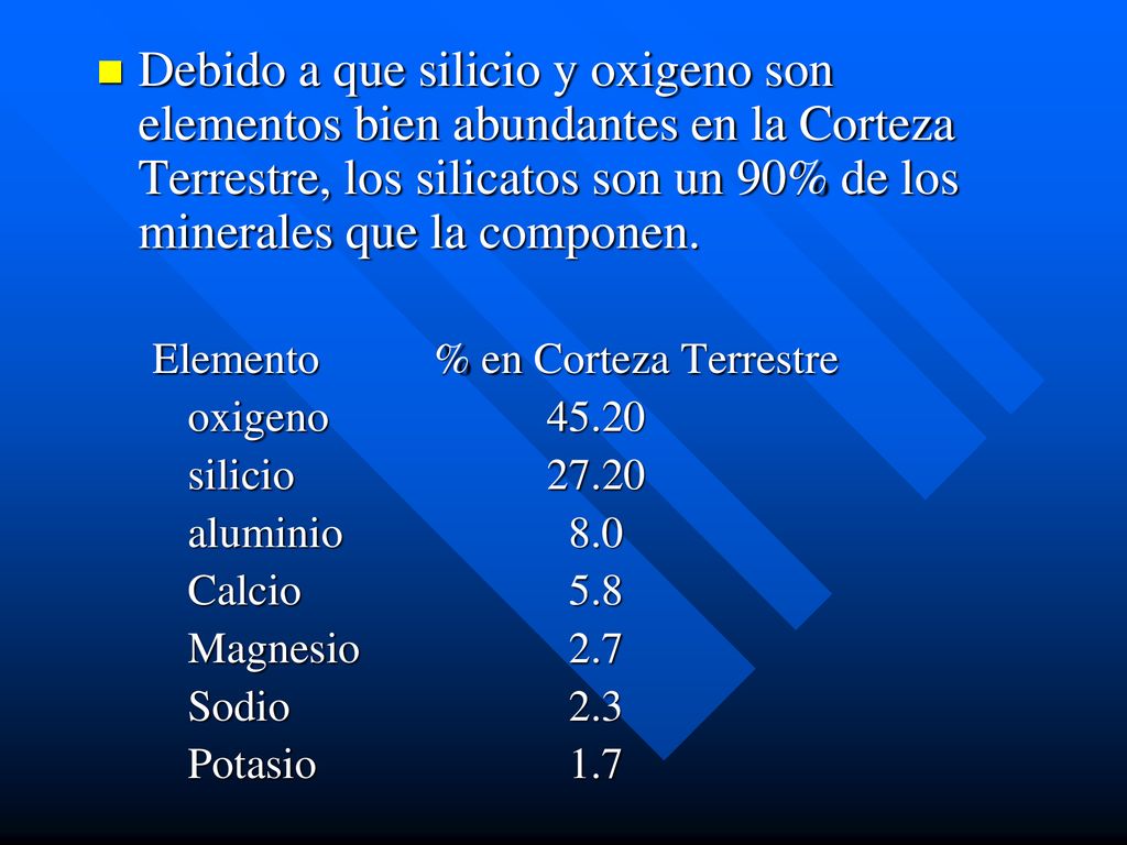 Debido a que silicio y oxigeno son elementos bien abundantes en la Corteza Terrestre, los silicatos son un 90% de los minerales que la componen.