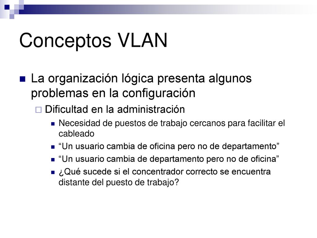 Conceptos VLAN La organización lógica presenta algunos problemas en la configuración. Dificultad en la administración.