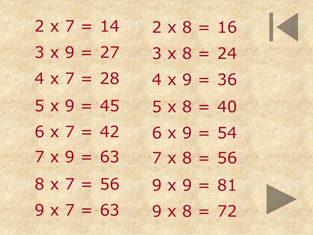2 x 7 = x 8 = x 9 = x 8 = x 7 = x 9 = x 9 = x 8 =