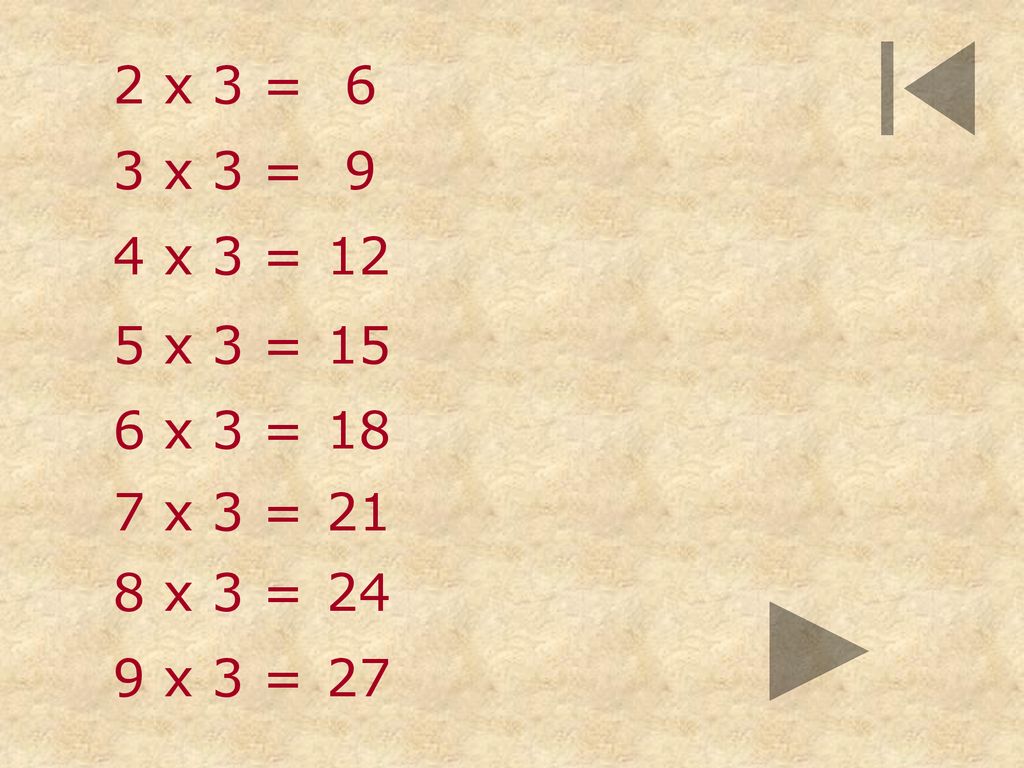 2 x 3 = 6 3 x 3 = 9 4 x 3 = 12 5 x 3 = 15 6 x 3 = 18 7 x 3 = 21 8 x 3 = 24 9 x 3 = 27