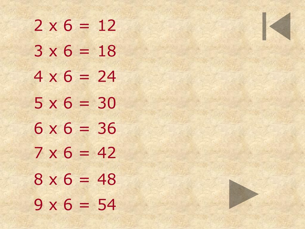 2 x 6 = 12 3 x 6 = 18 4 x 6 = 24 5 x 6 = 30 6 x 6 = 36 7 x 6 = 42 8 x 6 = 48 9 x 6 = 54