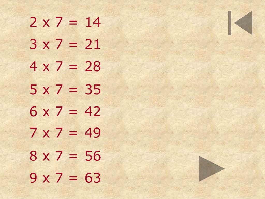 2 x 7 = 14 3 x 7 = 21 4 x 7 = 28 5 x 7 = 35 6 x 7 = 42 7 x 7 = 49 8 x 7 = 56 9 x 7 = 63