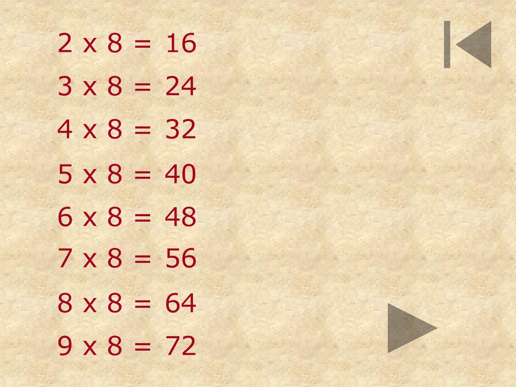 2 x 8 = 16 3 x 8 = 24 4 x 8 = 32 5 x 8 = 40 6 x 8 = 48 7 x 8 = 56 8 x 8 = 64 9 x 8 = 72