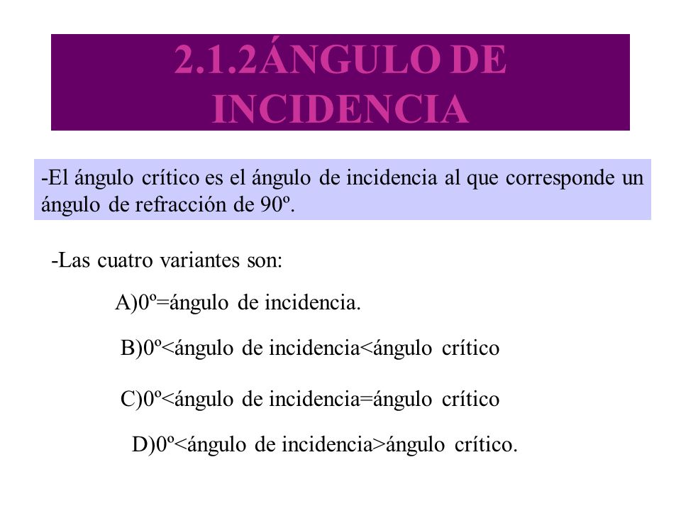 2.1.2ÁNGULO DE INCIDENCIA -El ángulo crítico es el ángulo de incidencia al que corresponde un. ángulo de refracción de 90º.