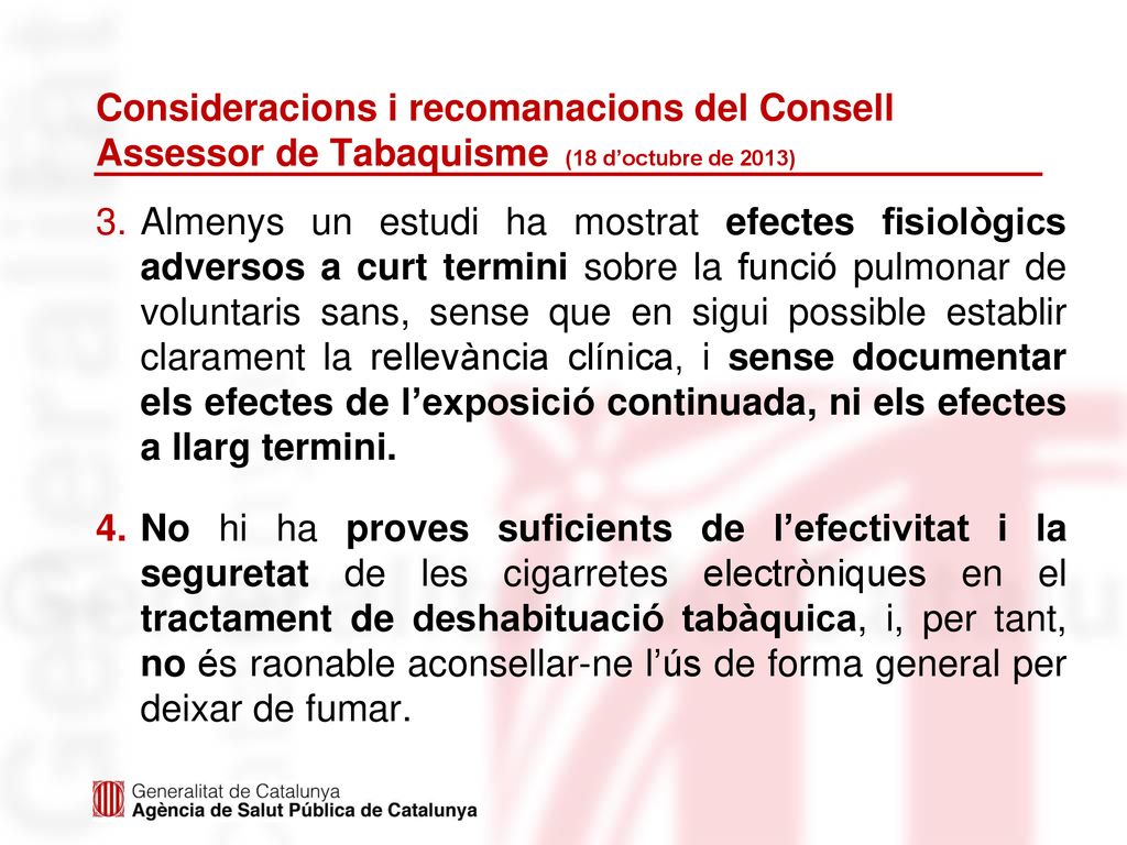 Consideracions i recomanacions del Consell Assessor de Tabaquisme (18 d’octubre de 2013)