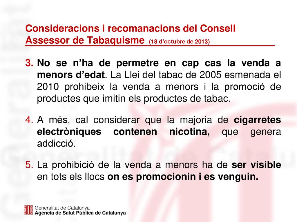 Consideracions i recomanacions del Consell Assessor de Tabaquisme (18 d’octubre de 2013)