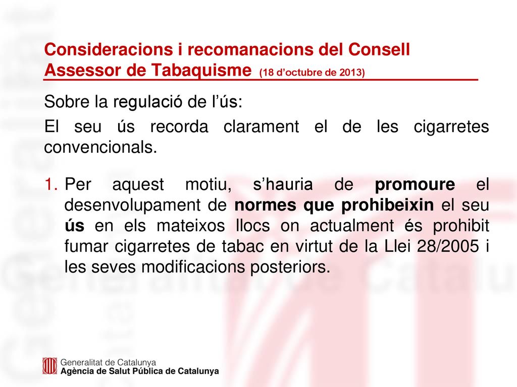 Consideracions i recomanacions del Consell Assessor de Tabaquisme (18 d’octubre de 2013)