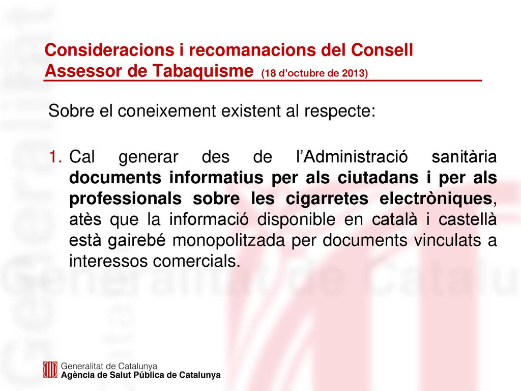 Consideracions i recomanacions del Consell Assessor de Tabaquisme (18 d’octubre de 2013)