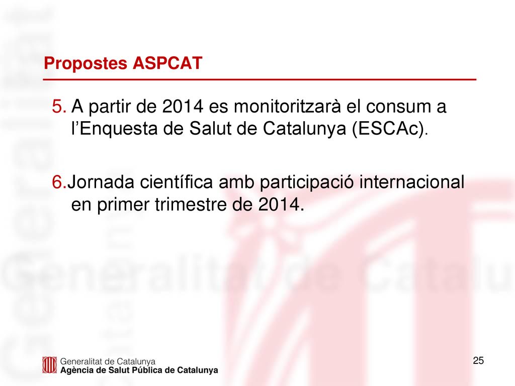Propostes ASPCAT A partir de 2014 es monitoritzarà el consum a l’Enquesta de Salut de Catalunya (ESCAc).