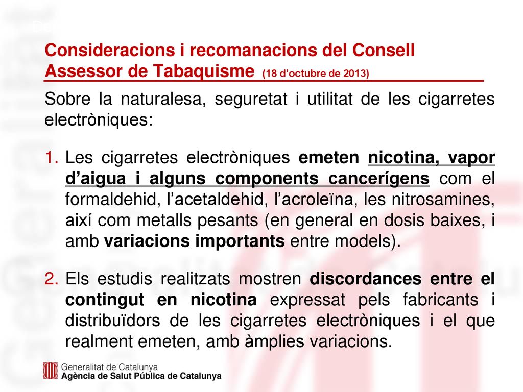Consideracions i recomanacions del Consell Assessor de Tabaquisme (18 d’octubre de 2013)