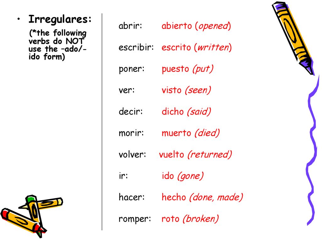 (*the following verbs do NOT use the –ado/-ido form)