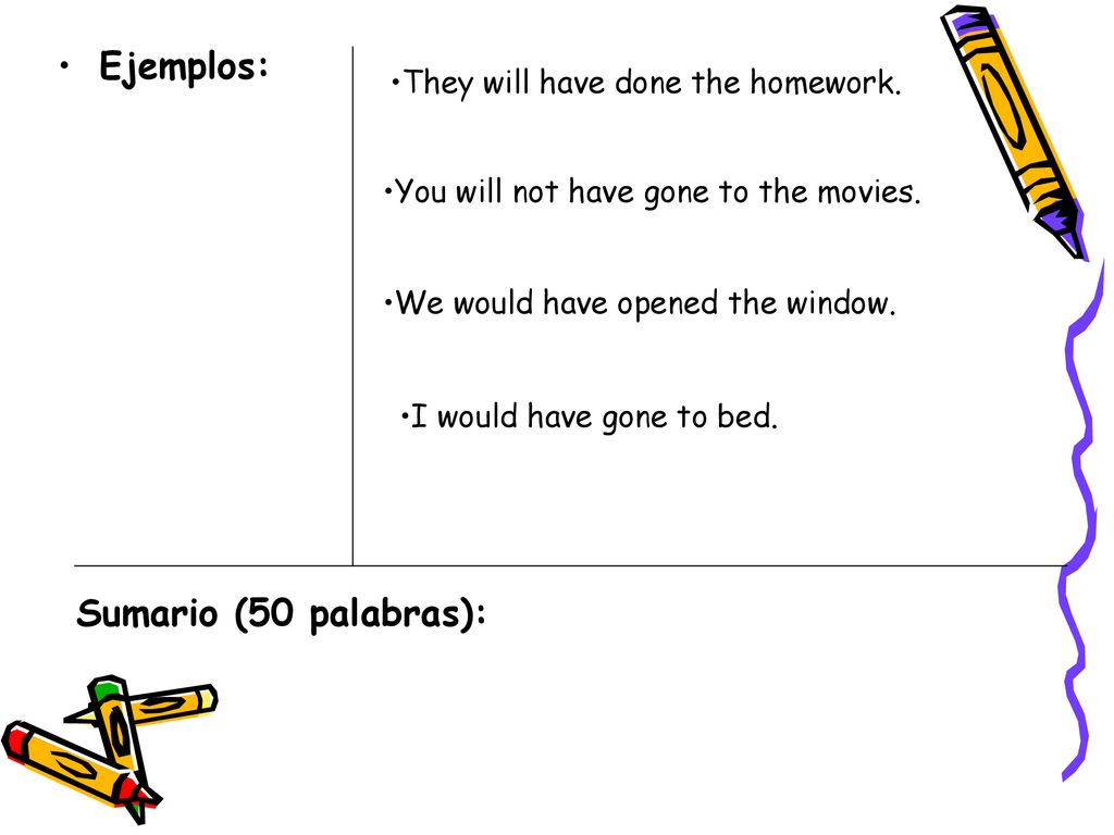 Ejemplos: Sumario (50 palabras): They will have done the homework.