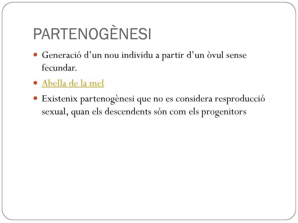 PARTENOGÈNESI Generació d’un nou individu a partir d’un òvul sense fecundar. Abella de la mel.
