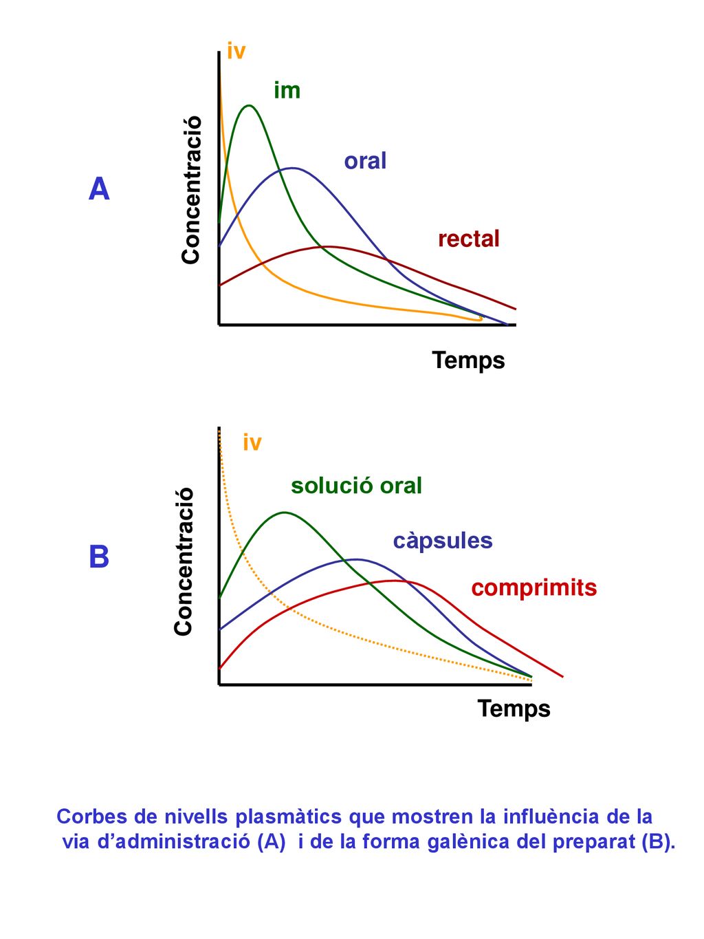A B iv im Concentració oral rectal Temps iv solució oral Concentració