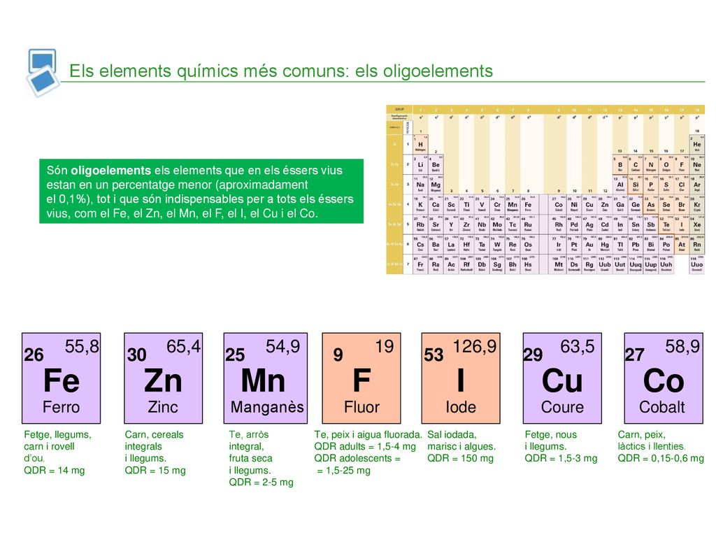 Fe Zn Mn F I Cu Co Els elements químics més comuns: els oligoelements