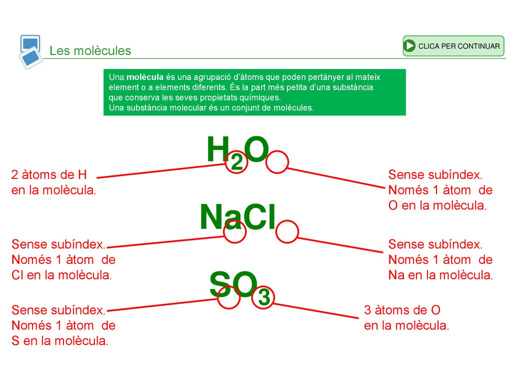 H2O NaCl SO3 Les molècules 2 àtoms de H en la molècula.