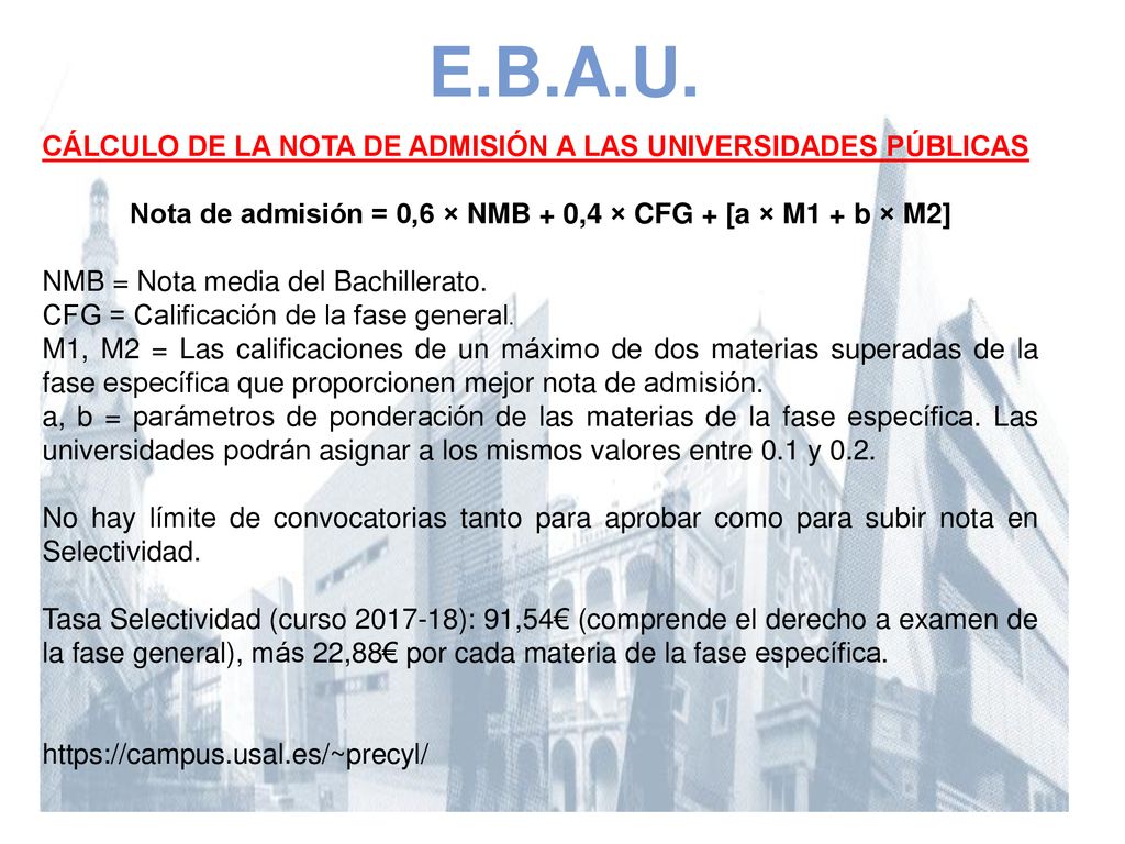 Nota de admisión = 0,6 × NMB + 0,4 × CFG + [a × M1 + b × M2]