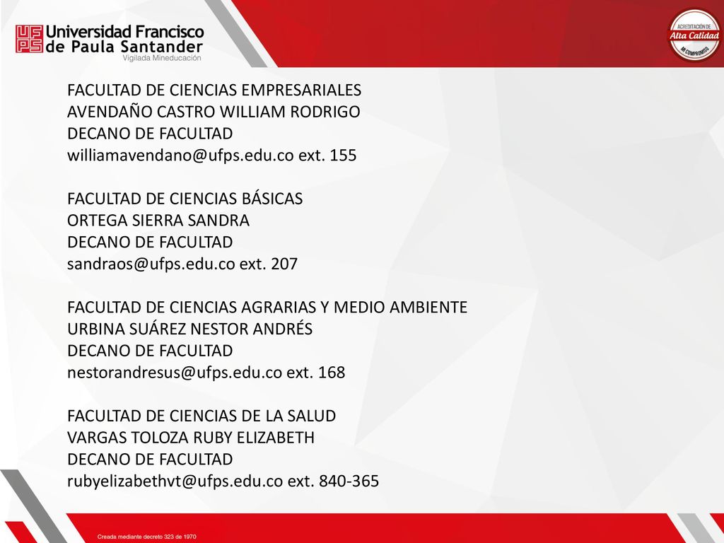FACULTAD DE CIENCIAS EMPRESARIALES. AVENDAÑO CASTRO WILLIAM RODRIGO. DECANO DE FACULTAD. ext