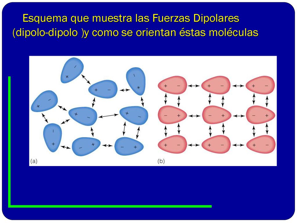 Esquema que muestra las Fuerzas Dipolares (dipolo-dipolo )y como se orientan éstas moléculas