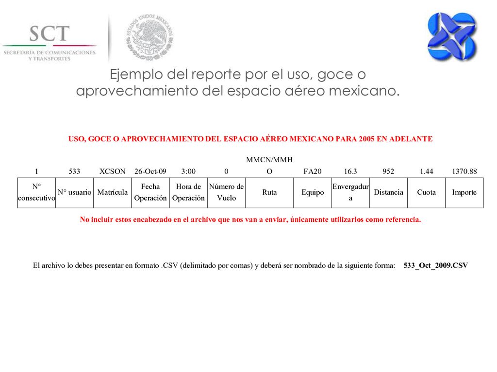 Ejemplo del reporte por el uso, goce o aprovechamiento del espacio aéreo mexicano.
