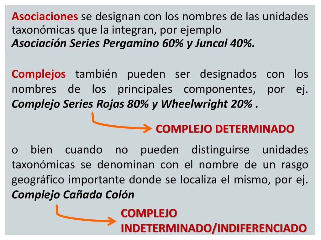 Asociaciones se designan con los nombres de las unidades taxonómicas que la integran, por ejemplo