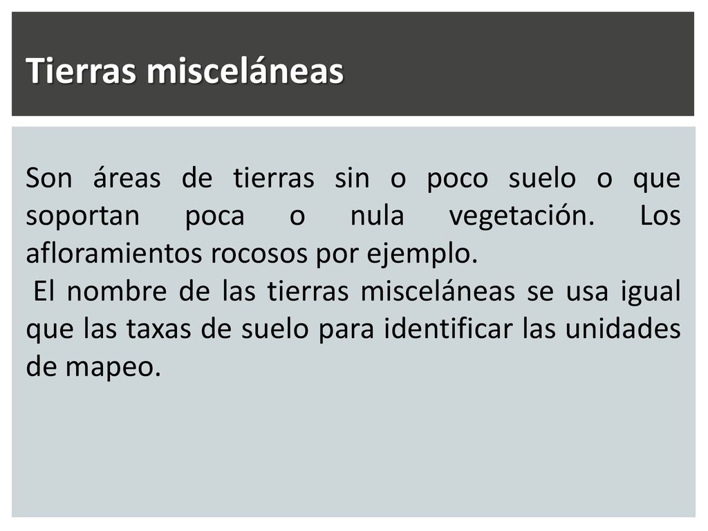 Tierras misceláneas Son áreas de tierras sin o poco suelo o que soportan poca o nula vegetación. Los afloramientos rocosos por ejemplo.