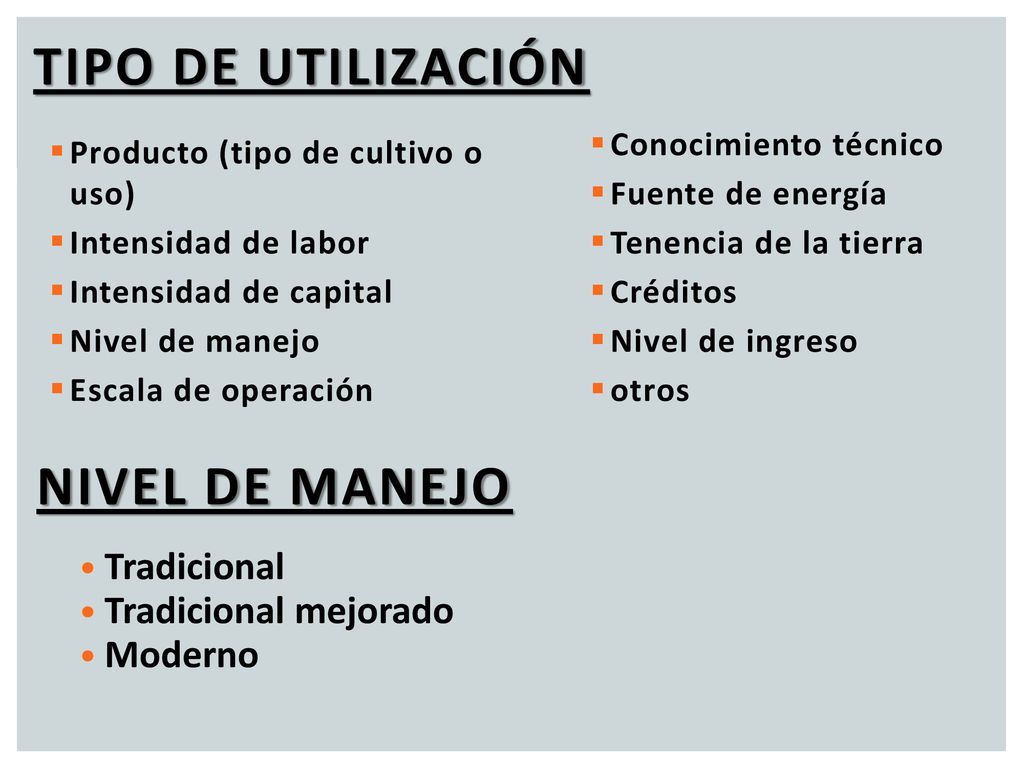 Tipo de utilización Nivel de manejo Tradicional Tradicional mejorado