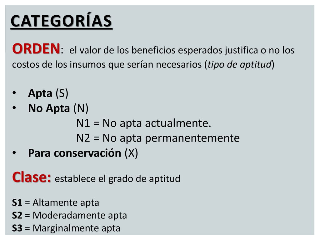 CATEGORÍAS ORDEN: el valor de los beneficios esperados justifica o no los costos de los insumos que serían necesarios (tipo de aptitud)