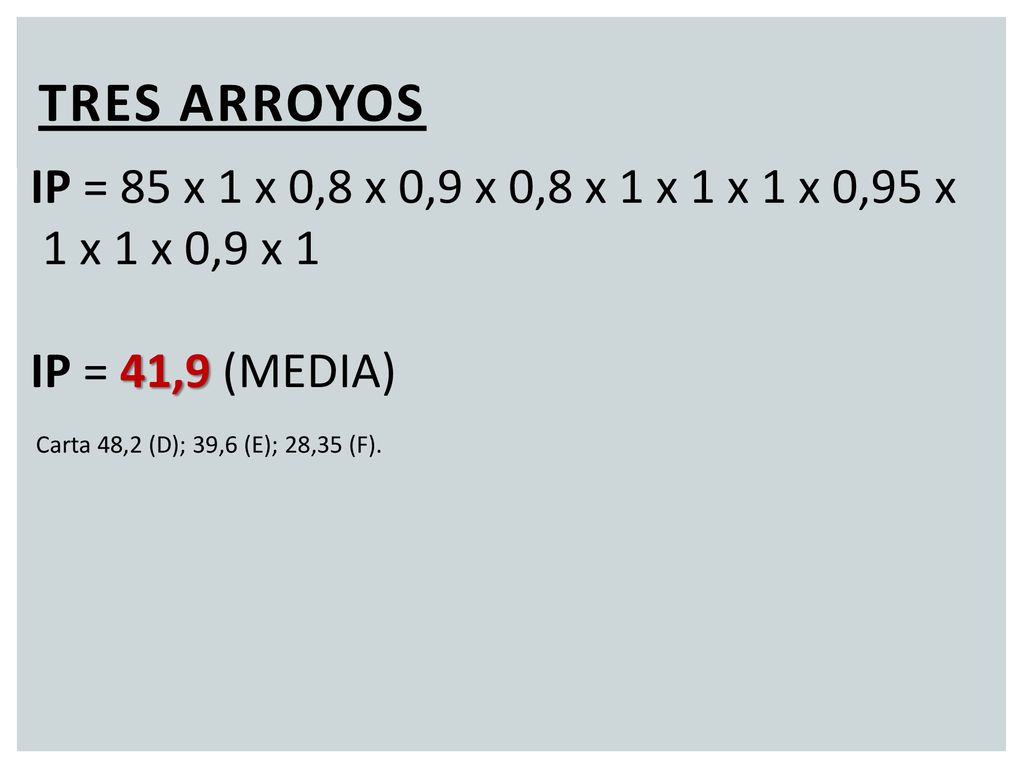 TRES ARROYOS IP = 85 x 1 x 0,8 x 0,9 x 0,8 x 1 x 1 x 1 x 0,95 x