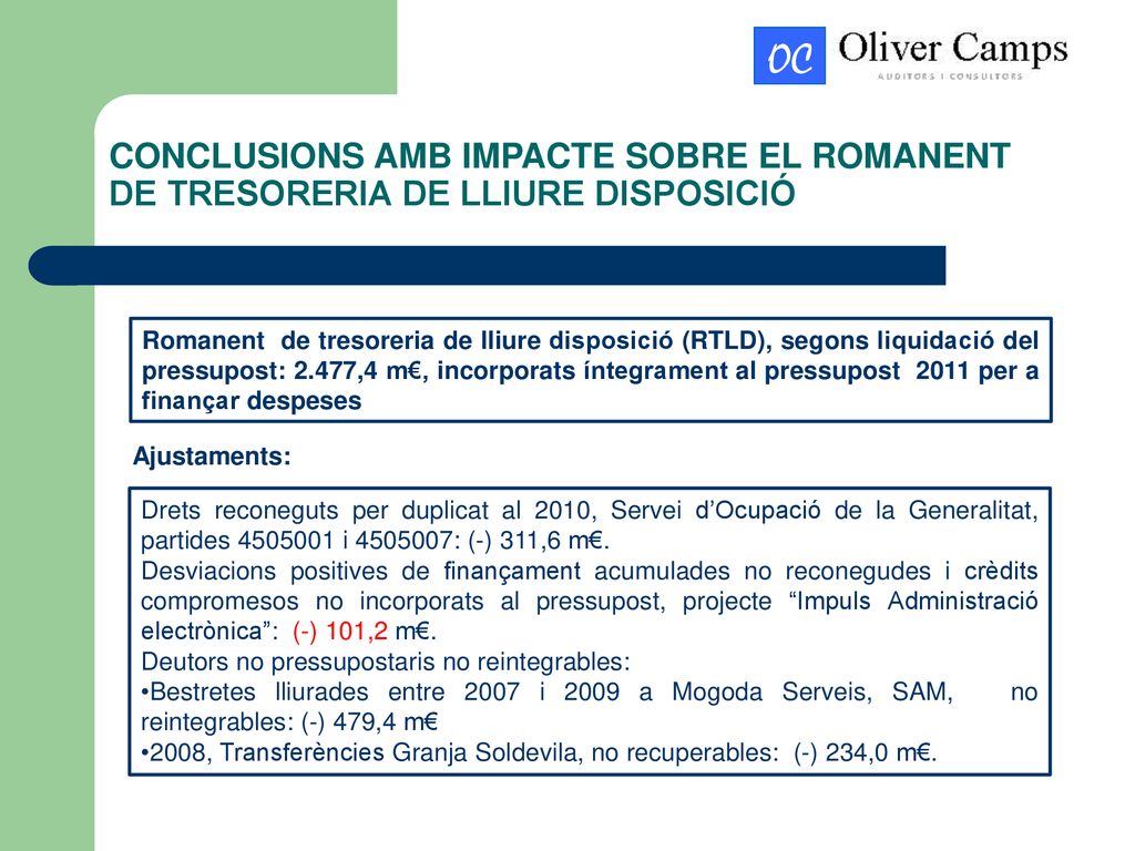 CONCLUSIONS AMB IMPACTE SOBRE EL ROMANENT DE TRESORERIA DE LLIURE DISPOSICIÓ