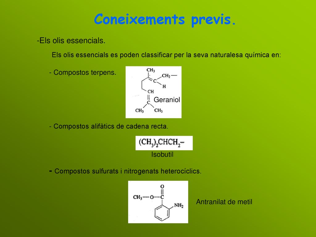Coneixements previs. Els olis essencials. Els olis essencials es poden classificar per la seva naturalesa química en: