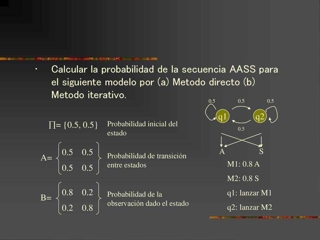 Calcular la probabilidad de la secuencia AASS para el siguiente modelo por (a) Metodo directo (b) Metodo iterativo.