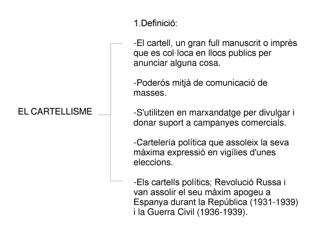 1.Definició: -El cartell, un gran full manuscrit o imprès que es col·loca en llocs publics per anunciar alguna cosa.