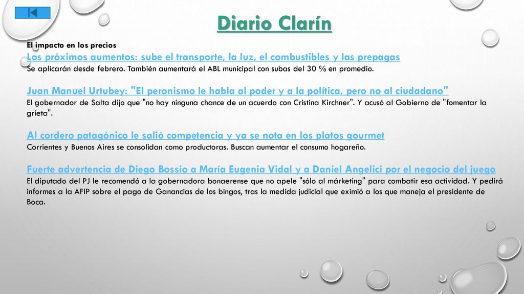 Diario Clarín El impacto en los precios. Los próximos aumentos: sube el transporte, la luz, el combustibles y las prepagas.
