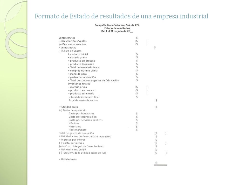 Formato de Estado de resultados de una empresa industrial