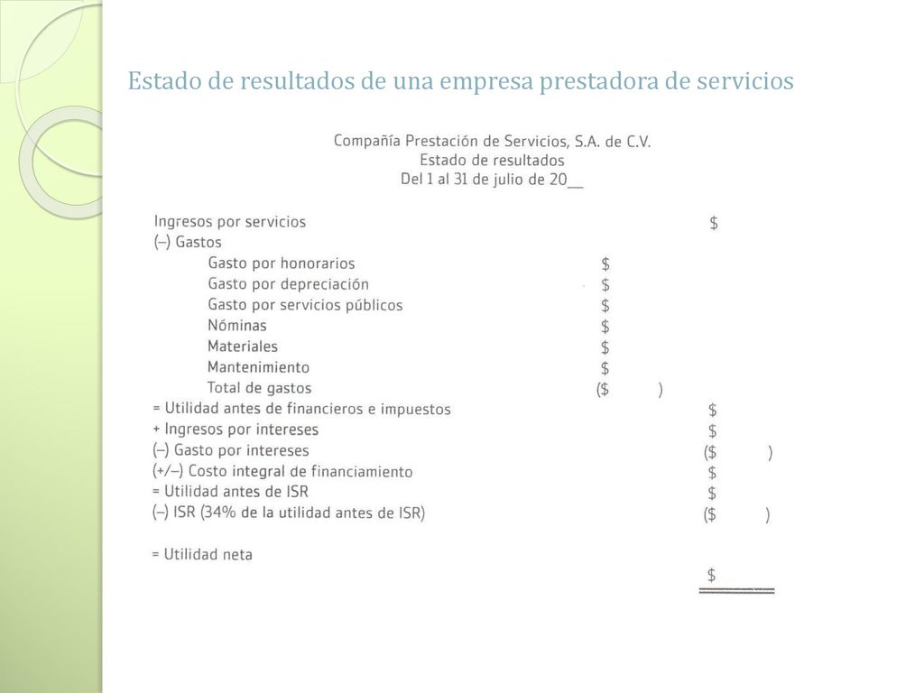 Estado de resultados de una empresa prestadora de servicios