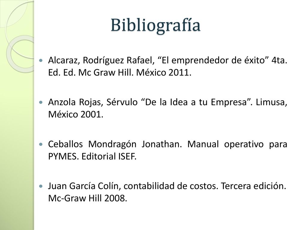 Bibliografía Alcaraz, Rodríguez Rafael, El emprendedor de éxito 4ta. Ed. Ed. Mc Graw Hill. México