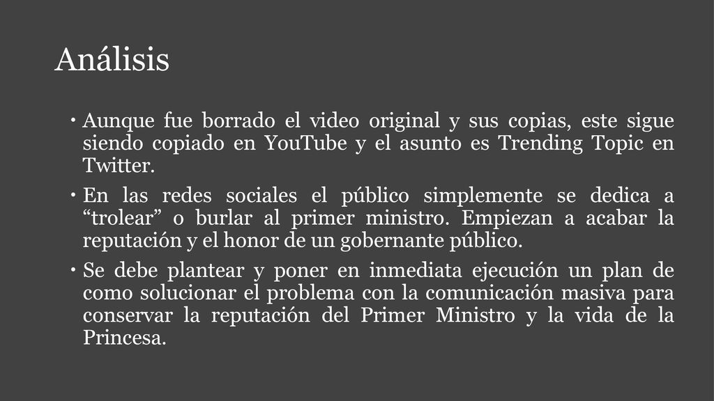 Análisis Aunque fue borrado el video original y sus copias, este sigue siendo copiado en YouTube y el asunto es Trending Topic en Twitter.