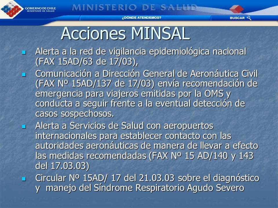 Acciones MINSAL Alerta a la red de vigilancia epidemiológica nacional (FAX 15AD/63 de 17/03),