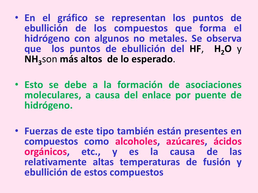 En el gráfico se representan los puntos de ebullición de los compuestos que forma el hidrógeno con algunos no metales. Se observa que los puntos de ebullición del HF, H2O y NH3son más altos de lo esperado.
