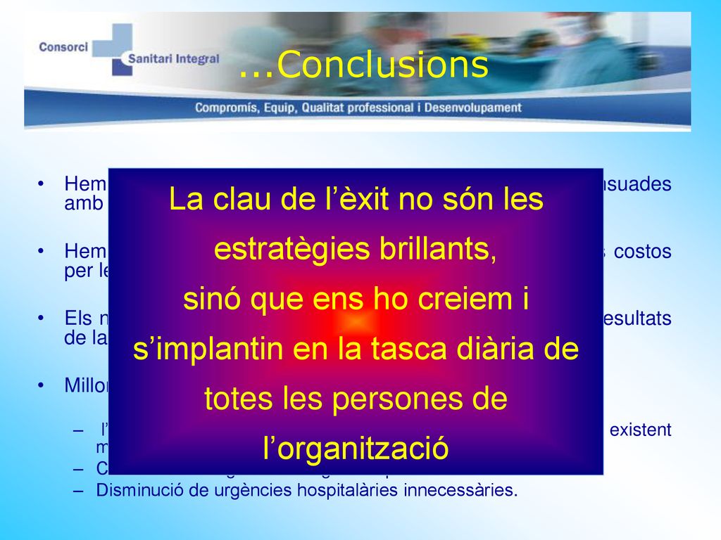 ...Conclusions Hem assolit unes fites clíniques qualitatives d’acord i consensuades amb els líders operatius.