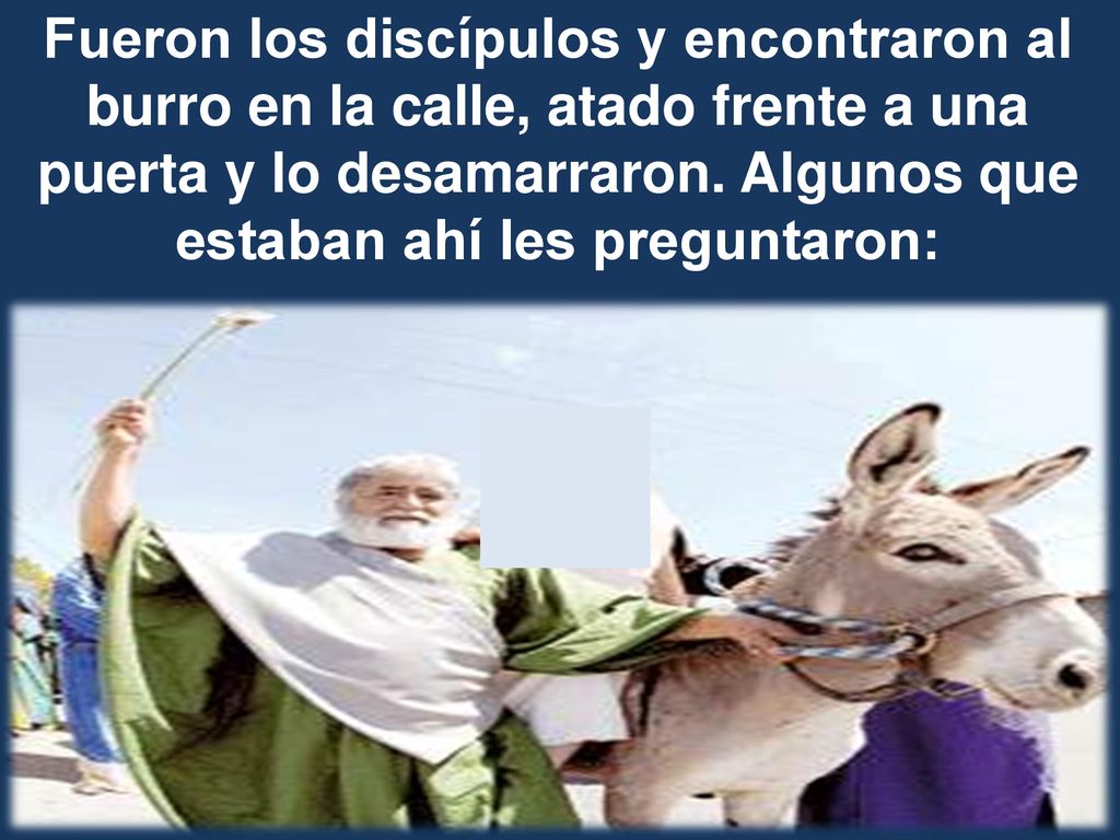Fueron los discípulos y encontraron al burro en la calle, atado frente a una puerta y lo desamarraron.