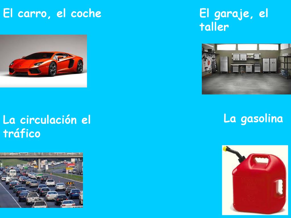 El carro, el coche El garaje, el taller La circulación el tráfico La gasolina