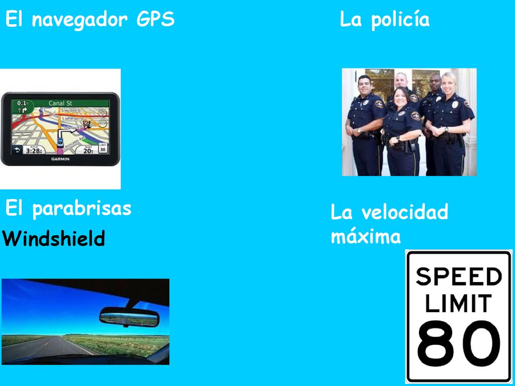 El navegador GPS La policía El parabrisas La velocidad máxima Windshield