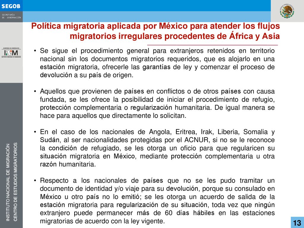 Política migratoria aplicada por México para atender los flujos migratorios irregulares procedentes de África y Asia
