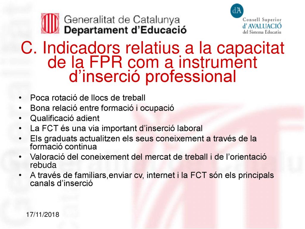 C. Indicadors relatius a la capacitat de la FPR com a instrument d’inserció professional